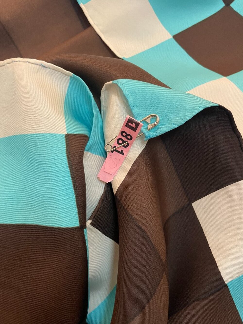 Yves Saint Laurent Scarf Brown Turquoise Geometric 33 x 33 - Picture 7 of 8
